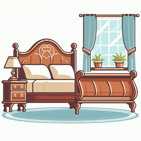 Illustration of a classic bed with a canopy and a bedside tableのイラスト素材
