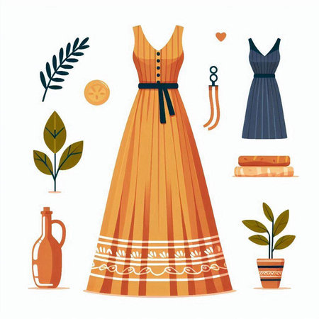 Vector set of vintage women's dresses and accessories in flat style.のイラスト素材