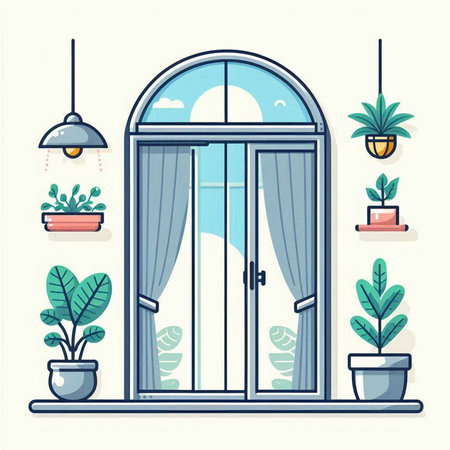Window with curtains and potted plants. Flat style vector illustration.のイラスト素材
