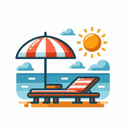 Beach umbrella and deck chair icon. Flat design. Vector illustrationのイラスト素材