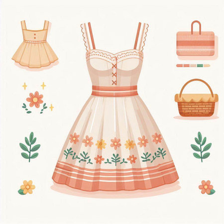 Set of cute summer dresses with flowers and floral elements. Vector illustration.のイラスト素材