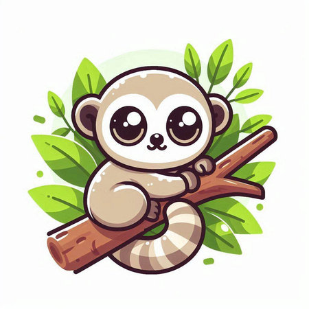 Cute baby lemur on a tree branch. Vector illustration.のイラスト素材