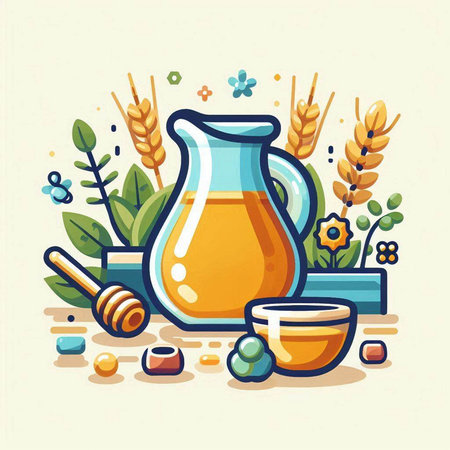 Vector illustration of honey in a jug, honey dipper, honeycombs and ears of wheat.のイラスト素材