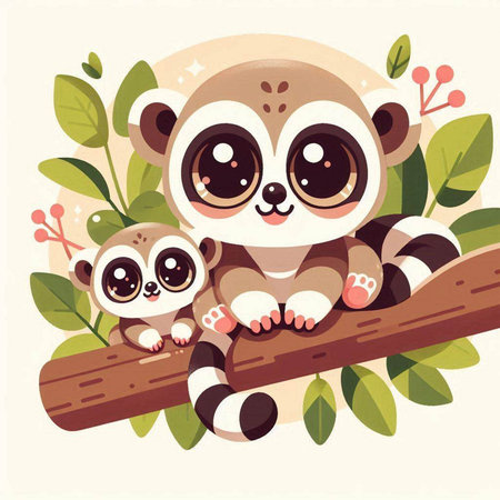 Cute lemur family on a tree branch. Vector illustration.のイラスト素材