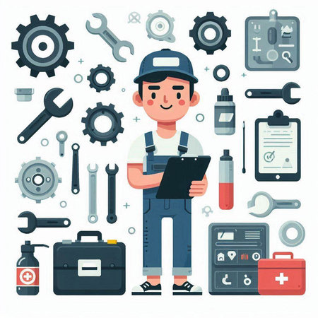 Repairman and tools. Mechanic with tools. Vector illustrationのイラスト素材