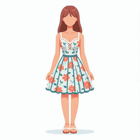 Girl in a floral dress on a white background. Vector illustration.のイラスト素材