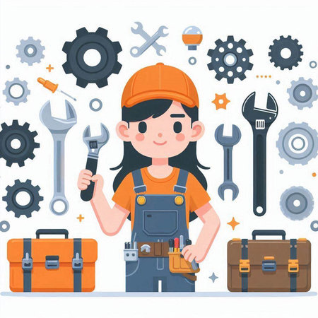 Cute little girl in uniform with tools. Construction and repair concept. Vector illustrationのイラスト素材