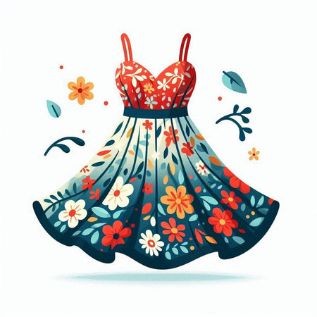 Fashionable woman's dress with floral ornament. Vector illustration.のイラスト素材