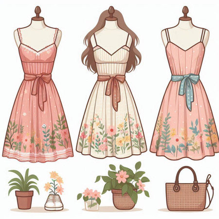 Set of women's dresses with flowers. Vector illustration in cartoon style.のイラスト素材