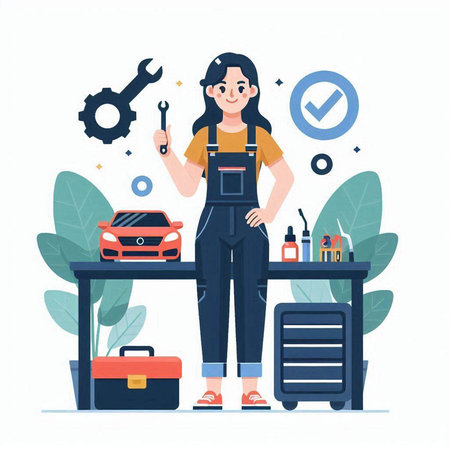 Auto repair service concept vector illustration. Cartoon female mechanic standing near table with tools and car.のイラスト素材