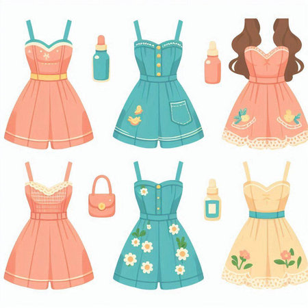Fashionable summer dress set. Vector illustration in cartoon style.のイラスト素材
