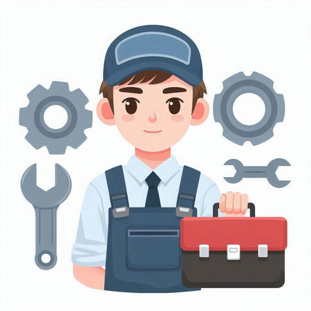 Worker with tool box and gear. Vector illustration in cartoon style.のイラスト素材