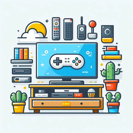 Flat line design modern vector illustration concept of video game console and home interior.のイラスト素材