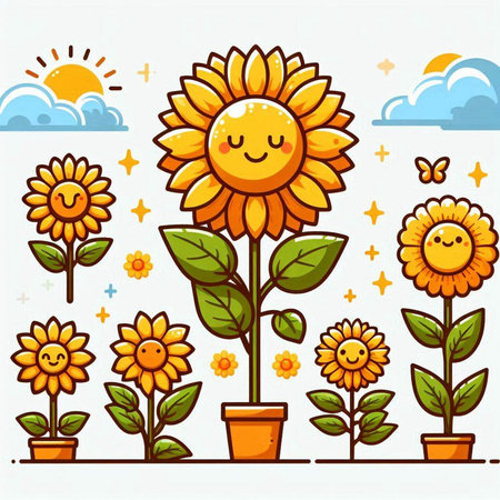 Cute cartoon sunflowers in flowerpot. Vector illustration.のイラスト素材