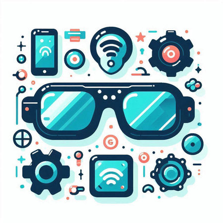 Virtual reality glasses with various icons. Virtual reality concept. Vector illustrationのイラスト素材