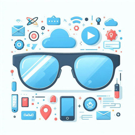 Sunglasses and social media icons. Vector illustration in flat styleのイラスト素材