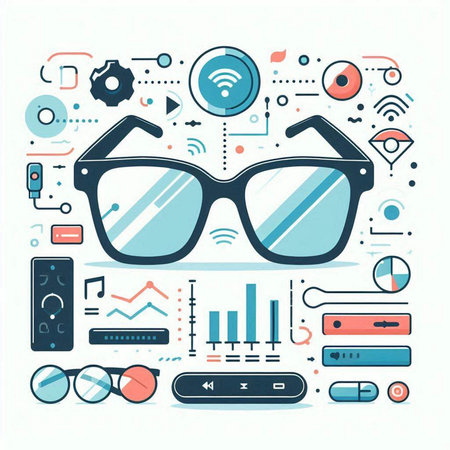 Glasses with different types of media icons on white background. Vector illustrationのイラスト素材