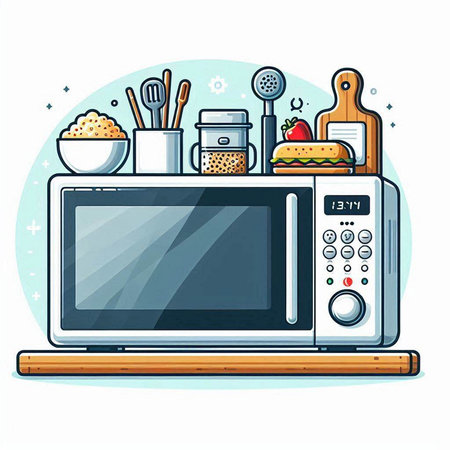 Microwave oven with utensils. Kitchen equipment. Vector illustration.のイラスト素材