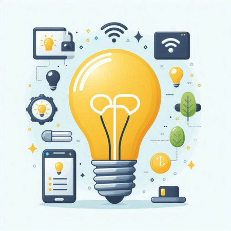 Modern flat design vector illustration concept of creative idea and innovation. Colorful lightbulb with social media icons.のイラスト素材