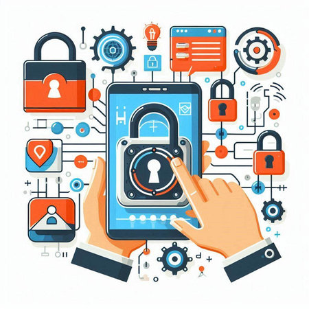 Cyber security concept with padlock and icons. Vector illustration.のイラスト素材