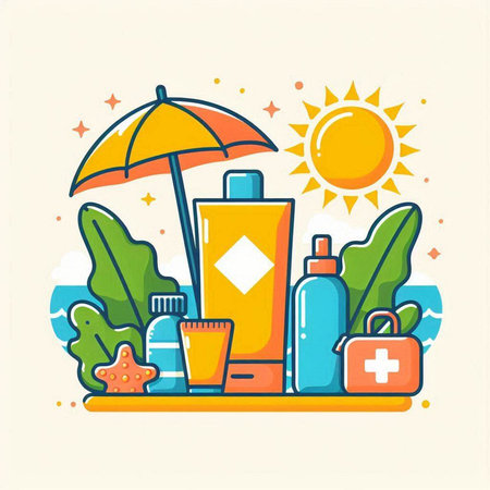 Vector illustration of sunscreen and sun protection products. Sun protection concept.のイラスト素材