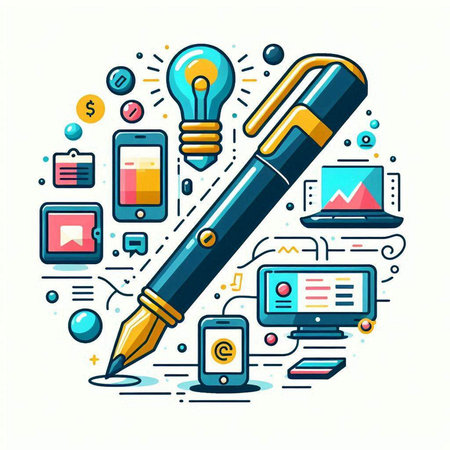 Pen, mobile phone and internet of things concept. Vector illustration in thin line style.のイラスト素材