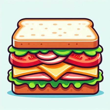 Illustration of a sandwich with cheese, lettuce, tomato and hamのイラスト素材