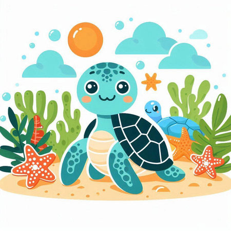 Cute cartoon sea turtle on the seashore. Vector illustration.のイラスト素材