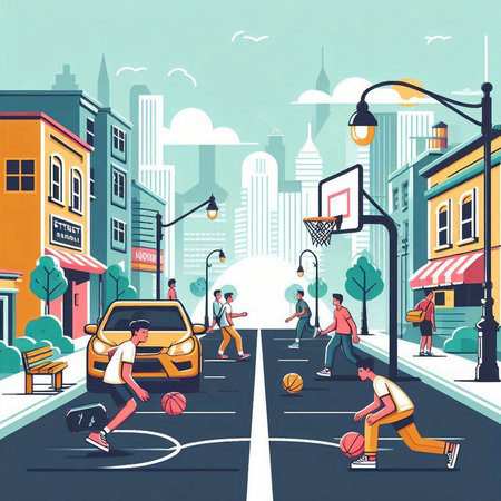 City street with people walking and playing basketball. Vector illustration in flat styleのイラスト素材