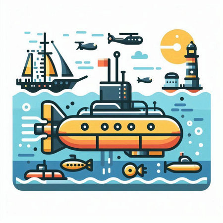 Submarine in the sea. Vector illustration in a flat style.のイラスト素材