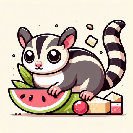 Cute cartoon skunk eating watermelon. Vector illustration of a cute animal.のイラスト素材