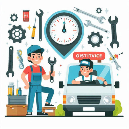 Flat design vector illustration concept of repair and maintenance service, auto mechanic with tools.のイラスト素材