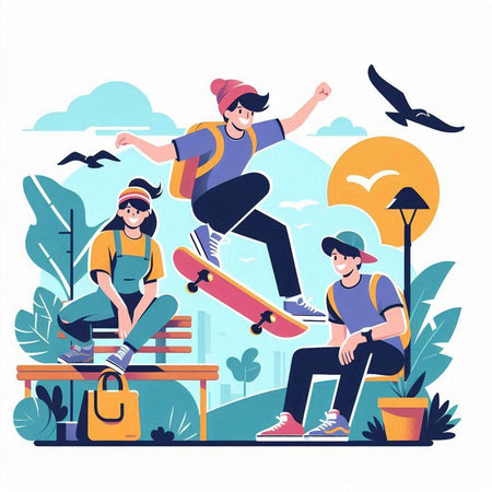 Skateboarders riding on skateboards in park. Active lifestyle, sport activity vector illustration. Skateboarder riding on skateboard, skateboarder skateboarding in park.のイラスト素材