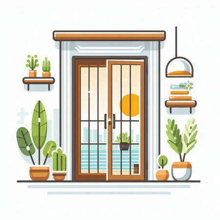 Flat design vector illustration concept of modern home interior with wooden door, plants in pots and decorations.のイラスト素材