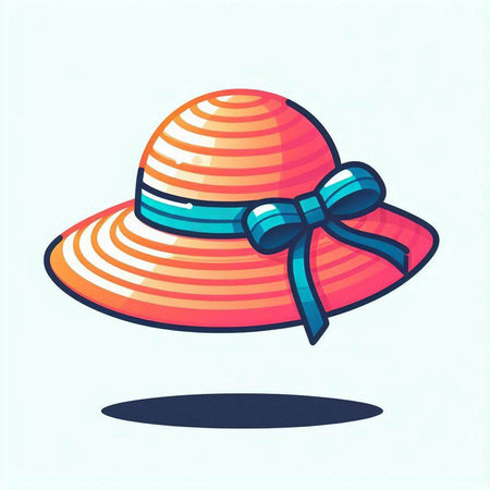 Illustration of a red hat with blue ribbon on a white backgroundのイラスト素材