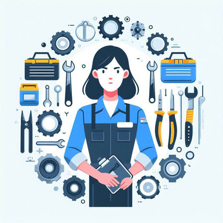 Repairman woman in uniform with tools round composition. Vector illustrationのイラスト素材