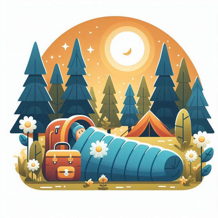 Vector illustration of a camping in the woods with a tent and a sleeping bagのイラスト素材