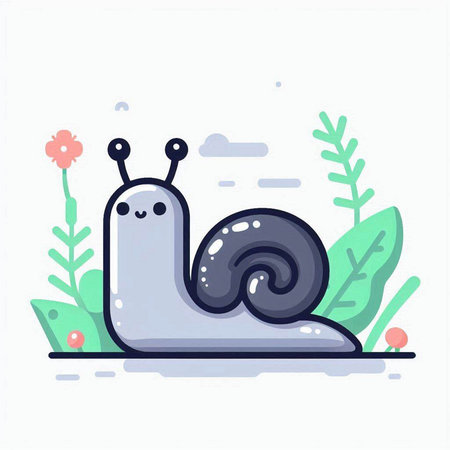 Cute cartoon snail on the background of plants. Vector illustration.のイラスト素材