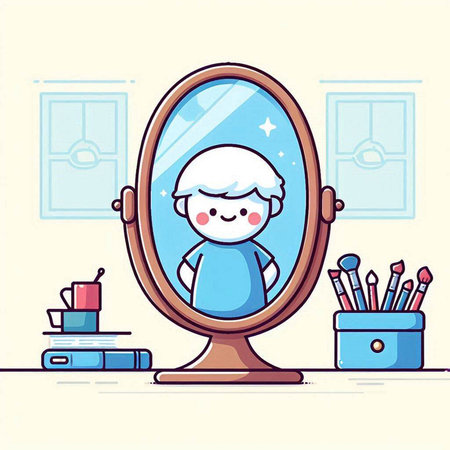 Vector illustration of a little boy looking in the mirror at home.のイラスト素材