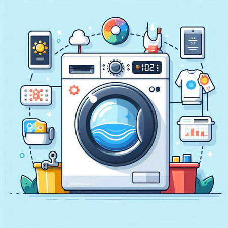 Washing machine and laundry icons set. Vector illustration in flat styleのイラスト素材