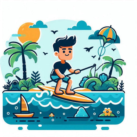 Boy surfing on the sea. Vector illustration in flat cartoon style.のイラスト素材