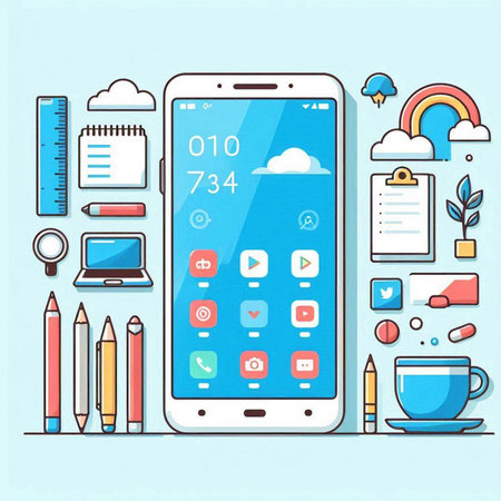 Modern smartphone with application icons on screen. Flat style vector illustration.のイラスト素材