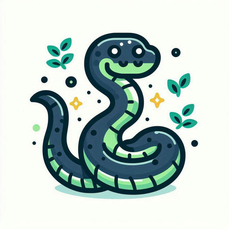 Cute cartoon snake with leaves. Vector illustration in hand drawn style.のイラスト素材