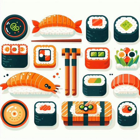 Sushi icons set. Japanese food. Vector illustration in flat styleのイラスト素材