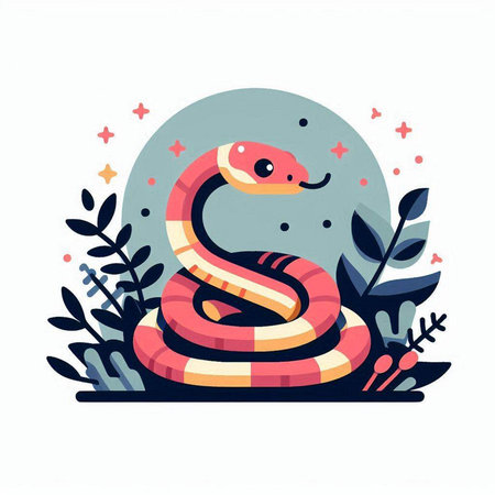 Cute snake vector illustration in flat cartoon style with leaves and starsのイラスト素材
