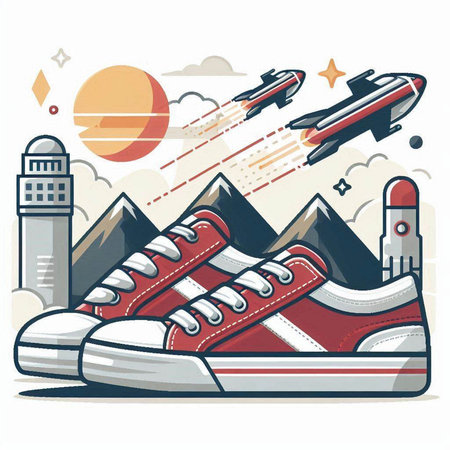 Sneakers, rocket, lighthouse and mountains. Vector illustration.のイラスト素材