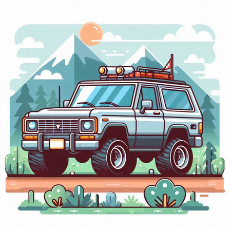 Off-road vehicle on the road in the mountains. Vector illustrationのイラスト素材
