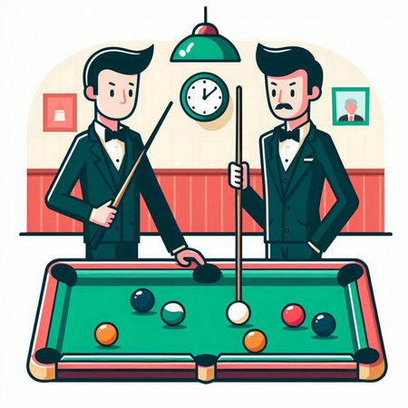 Two men playing billiards. Vector illustration in cartoon style.のイラスト素材