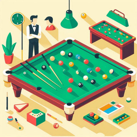 Billiard isometric composition with billiard balls and player vector illustrationのイラスト素材
