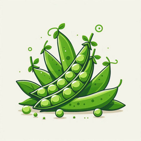 Peas in pods with green leaves and twig. Vector illustration.のイラスト素材